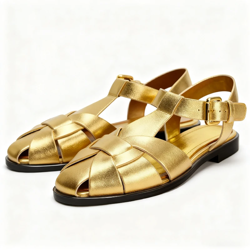 

Women's Shoes Sexy Gold Narrow Band Woven Flat Sandals Women Fashion Metal Buckle Designer Gladiator Sandals Casual Shoe Zapatos