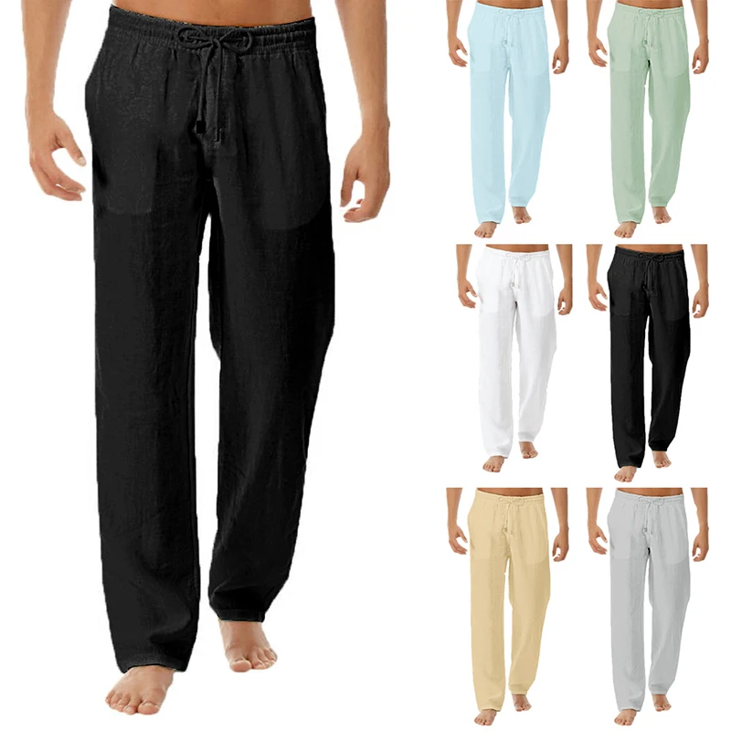 Men's Cotton Line Pants Summer Fashion Casual Solid Color Straight Loose White Joggers Elastic Waist Plus Size Trousers 3XL