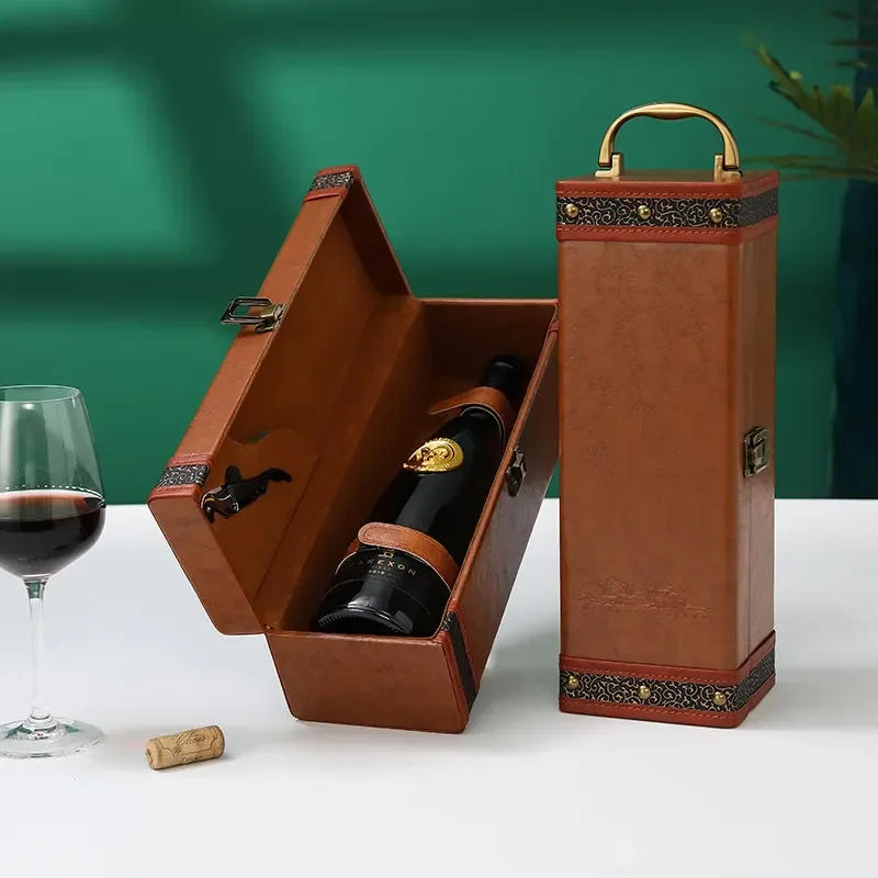 Vintage Pu Leather Box Wine Bottle Carrying Holder Storage Case for Gift Fashion Pack High-Grade Gift Box for Friends Business