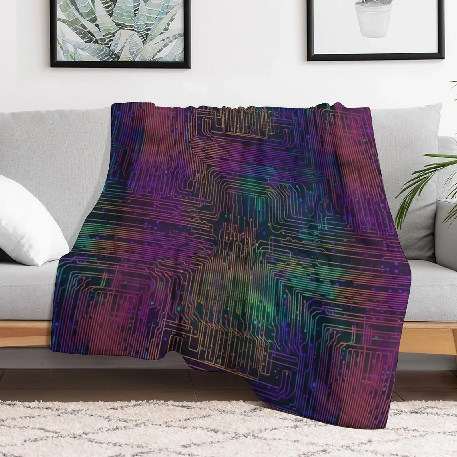 Vaporwave Circuit Board Throw Blanket Color Fast Cozy Throw Blanket