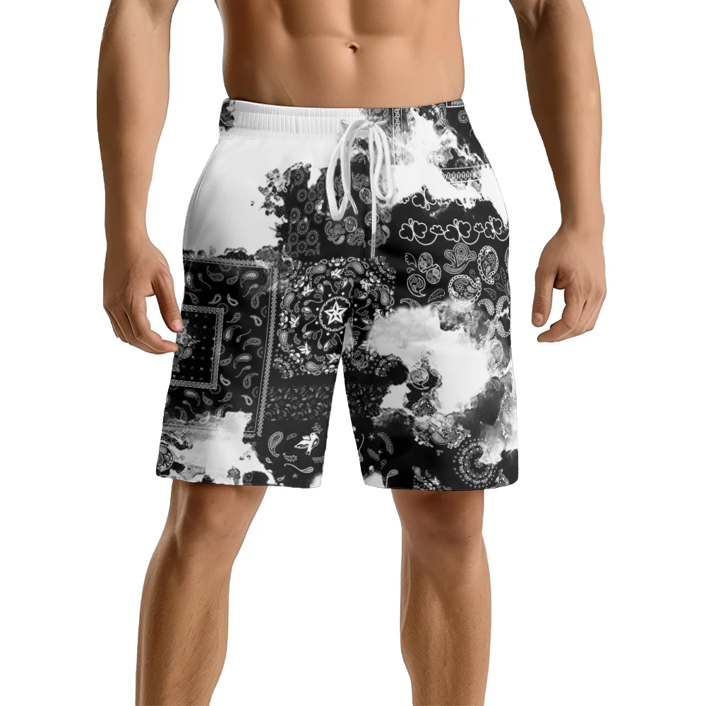 Arte preta e branca adequada para uso diário, temperamento simples, tendência casual, shorts esportivos de praia com cordão masculino de verão