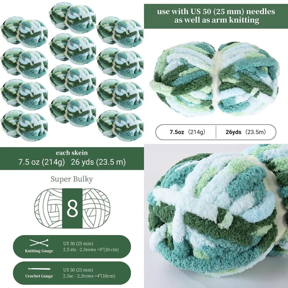 

Chunky Tie Dye Chenille Yarn Set for Crocheting and Knitting, 12 Packs, 26 Yards, 7.5 Ounces, Soft and Fluffy Multicolor Yarn Co