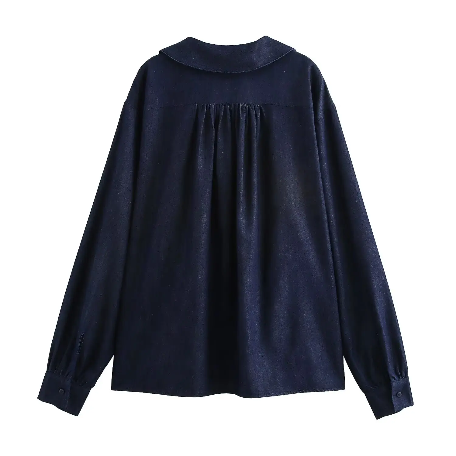 Withered 2024 Autumn Minimalist Turn Down Collar Denim Shirt Women Tops Fashion Ladies Navy Loose Long Sleeve Blouse