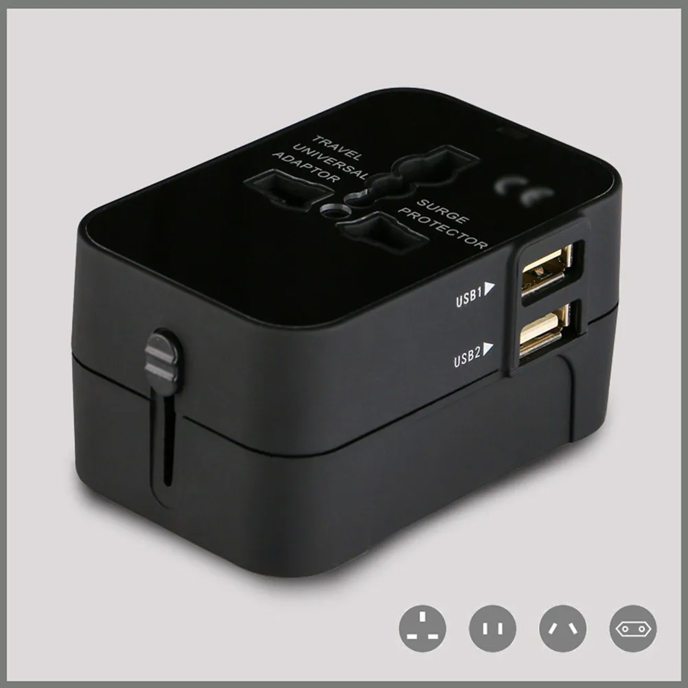 Adaptador de Viaje Universal con Doble Puerto USB, Compatible con Enchufes de EE. UU., Reino Unido y Europa, para Celulares y Computadoras, Todo en Uno