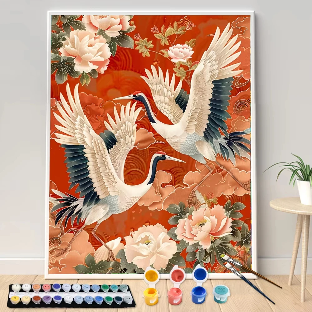 Malen nach Zahlen: Tiere, Kranich, Roter Himmel, Landschaft – DIY-Öl-Set für Erwachsene, Acrylfarben, Leinwand-Kunstwerk, Geschenk, Heimdekoration
