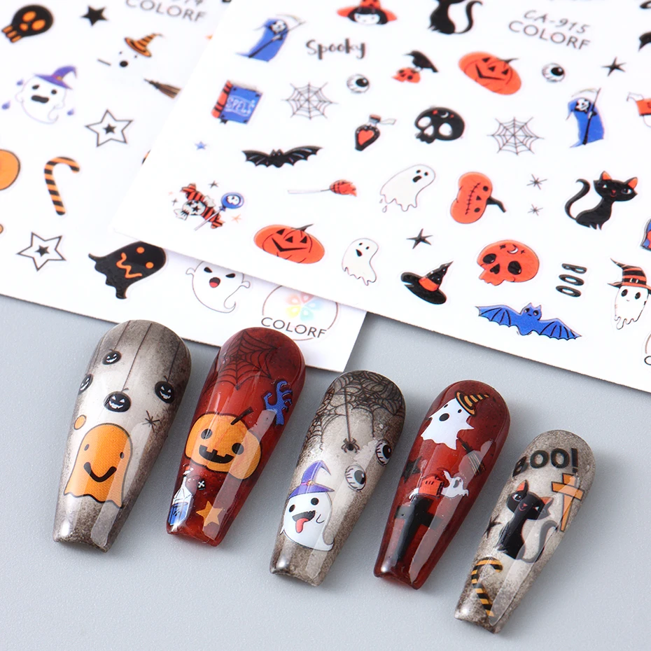 3D Halloween Nail Stickers Ghost Skull Cat Pumpkins Spider Witches Nail Art Sliders Cute Cartoon Designs Adhesive Decals Decor