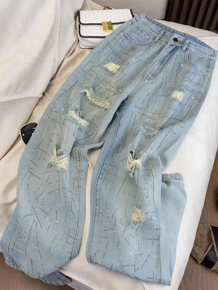 

Summer Women Rhinestone Jeans High Waist Light Blue Hole Straight Leg Trouser American Fashion Female Beggar Denim Pants