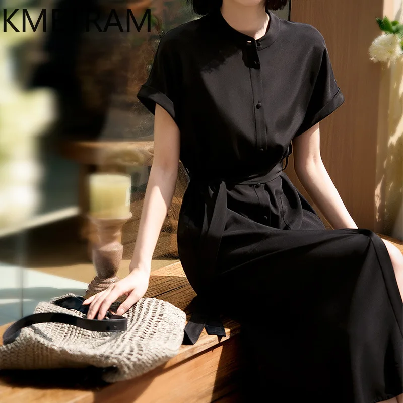 KMETRAM 23MM 93% Real Mulberry Silk Dresses for Women Elegant Black Shirt Long Dress Casual Summer Frocks Woman Clothes 2026 원피스