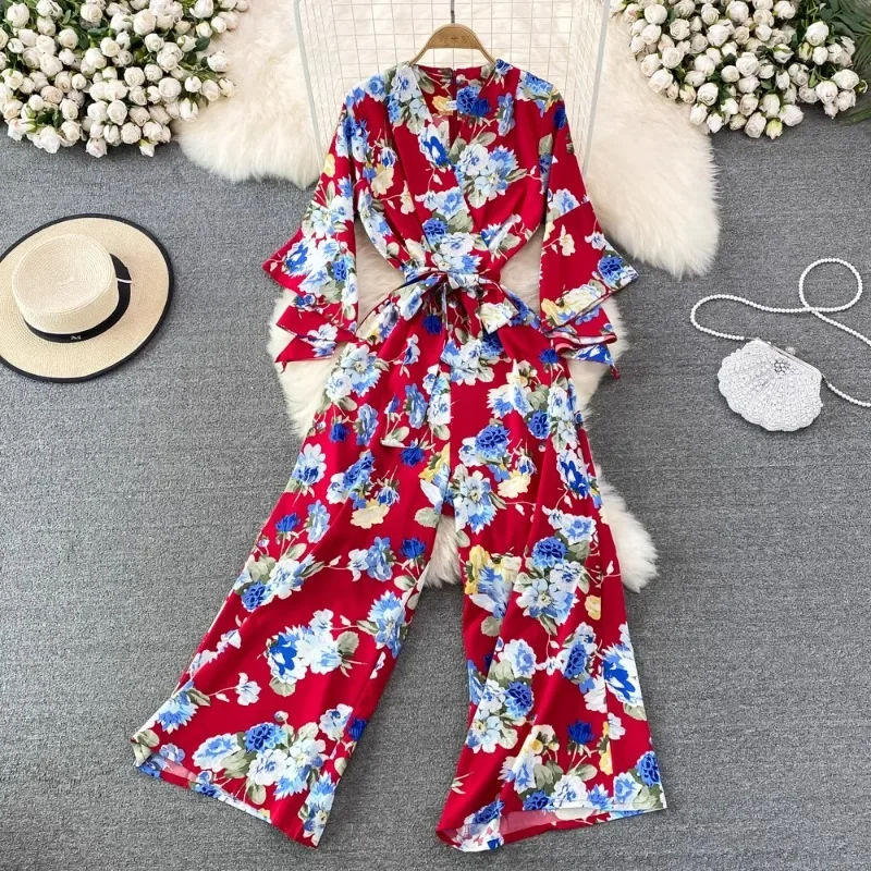 Spring Autumn Vintage Occident Holiday Romper V Neck Flare Sleeve Flower Print Bodysuit Bandage Slim Wide Leg Pant Jumpsuit