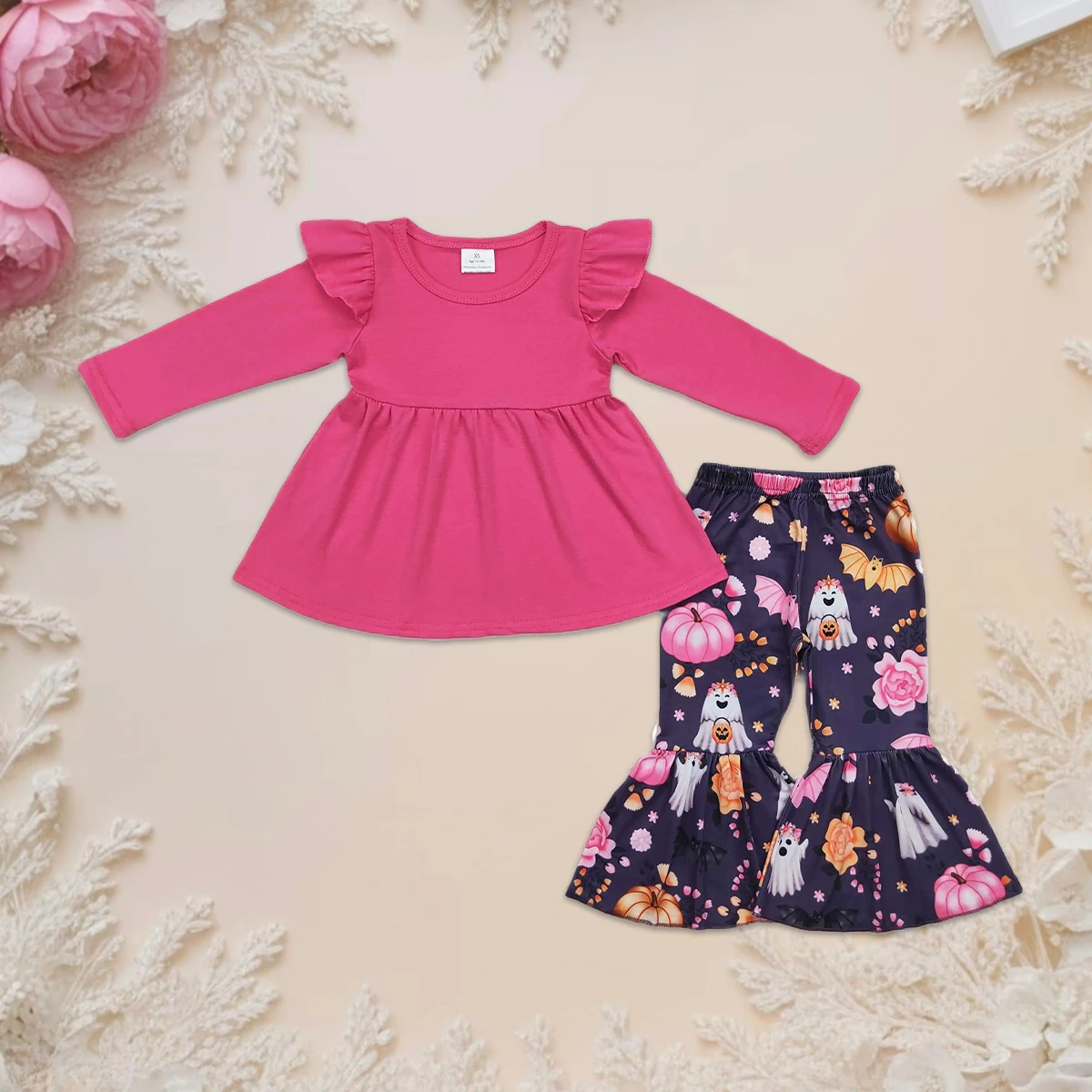 

Baby Girl Halloween Outfit Set Long Sleeves Ghost Pumpkin Print Top Dark Pink Cotton Pants Wholesale Toddler Children's Clothing