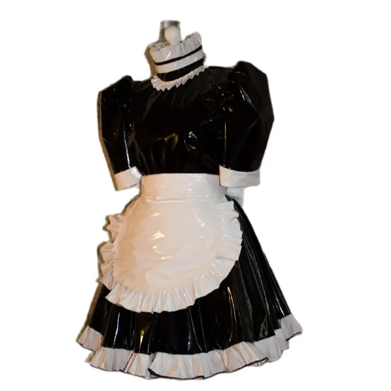 Crossdresser Party French Lockable Sissy Dress Sexy Girl Black and White PVC Apron Short Sleeve Middle Neck Role Playing Costume