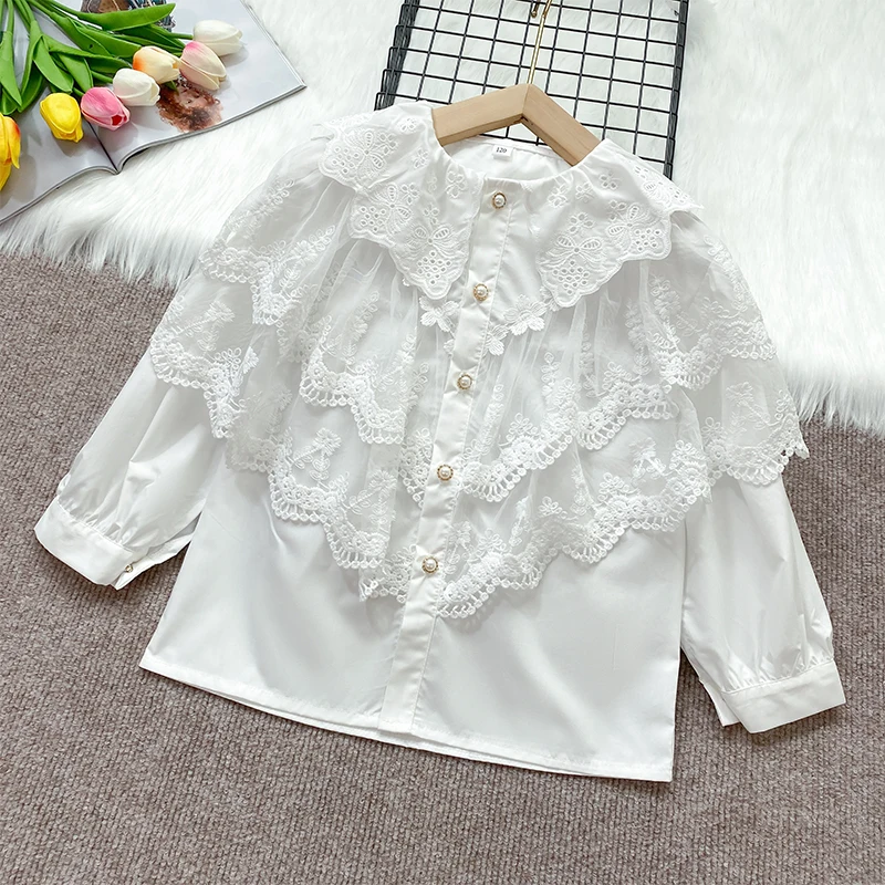 

Baby Kids White Shirts for Girls Lace Blouses Kids Costumes Long Sleeve Teenagers Children Clothing Cotton Tops 6 8 10 12 Years