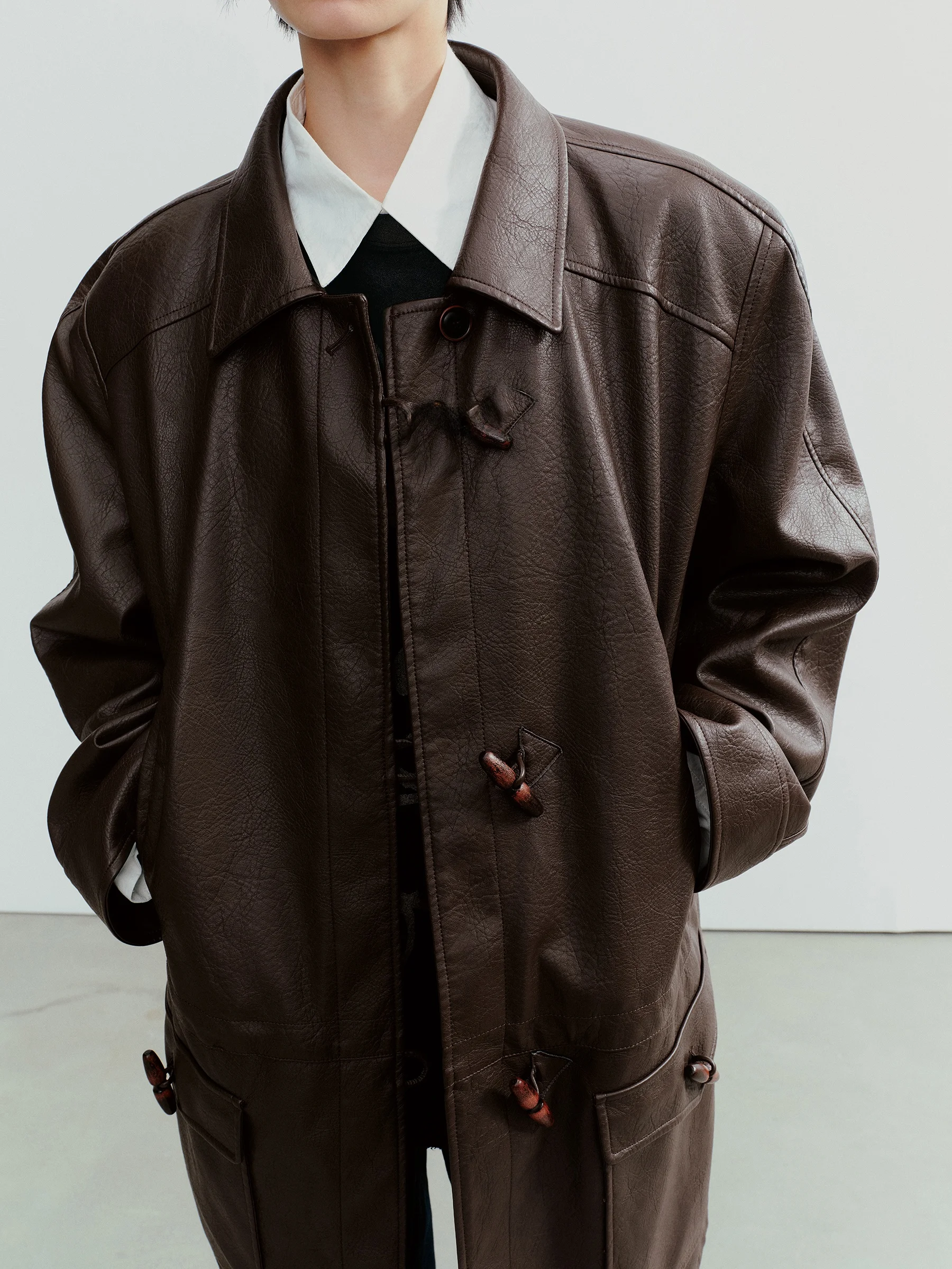 VERMO Kurtka damska w stylu vintage, retro, z postarzanej skóry, z niskim stanem, wiązana na sznurek, płaszcz, kurtka, odzież wierzchnia w stylu casual.