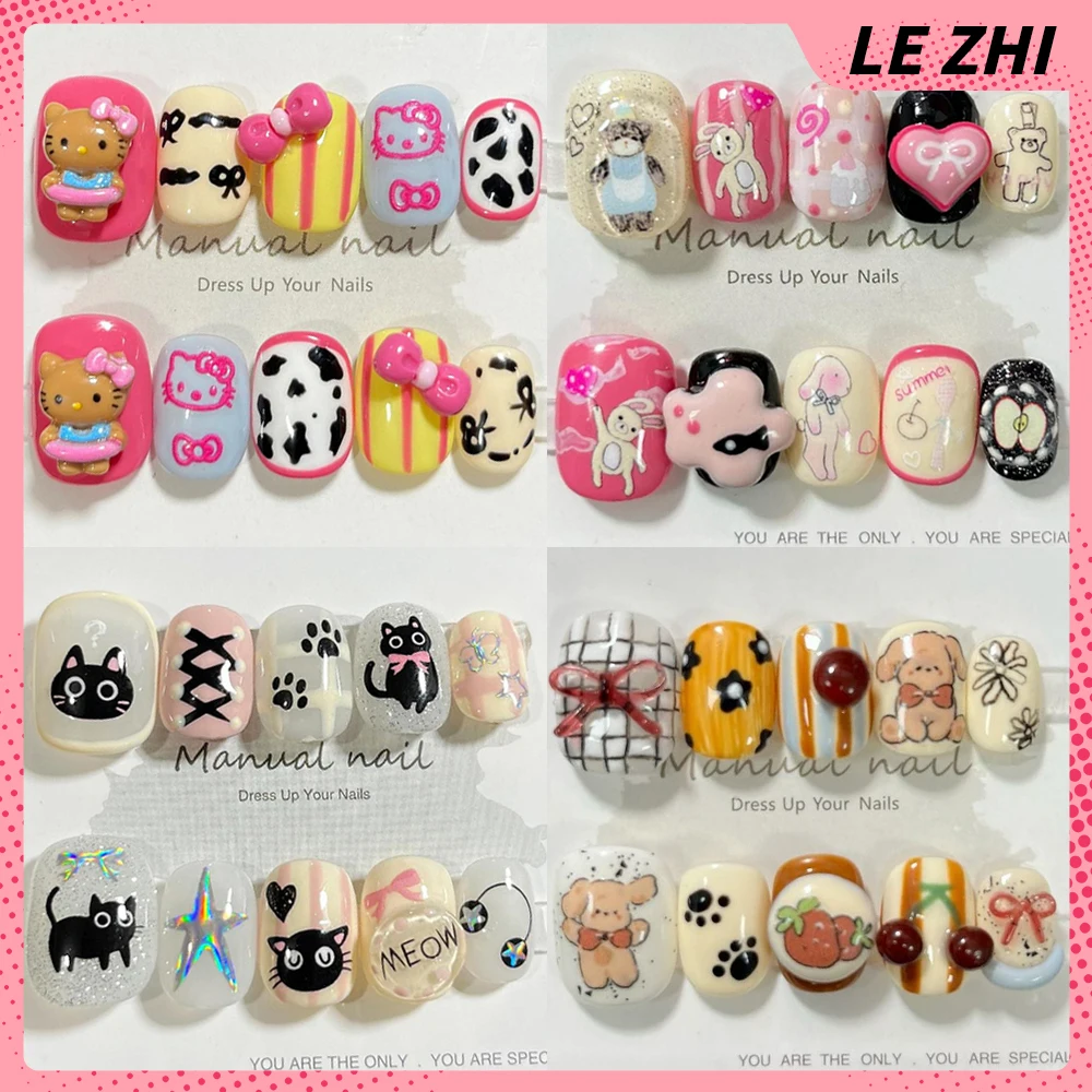 

Creative Lovely Cartoon Handmade Nails Party Stickers Kawaii Animal 3D Hello Kitty Hand-Drawn Pattern Reusable Full Cover Nail