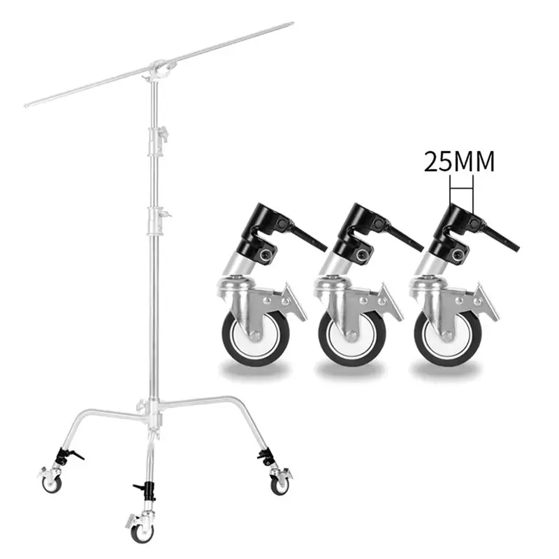 Construction For Light Stand For Studio Video With 3Pcs Swivel Caster Wheels Featuring Durable Metal Build 25Mm Diameter Leg