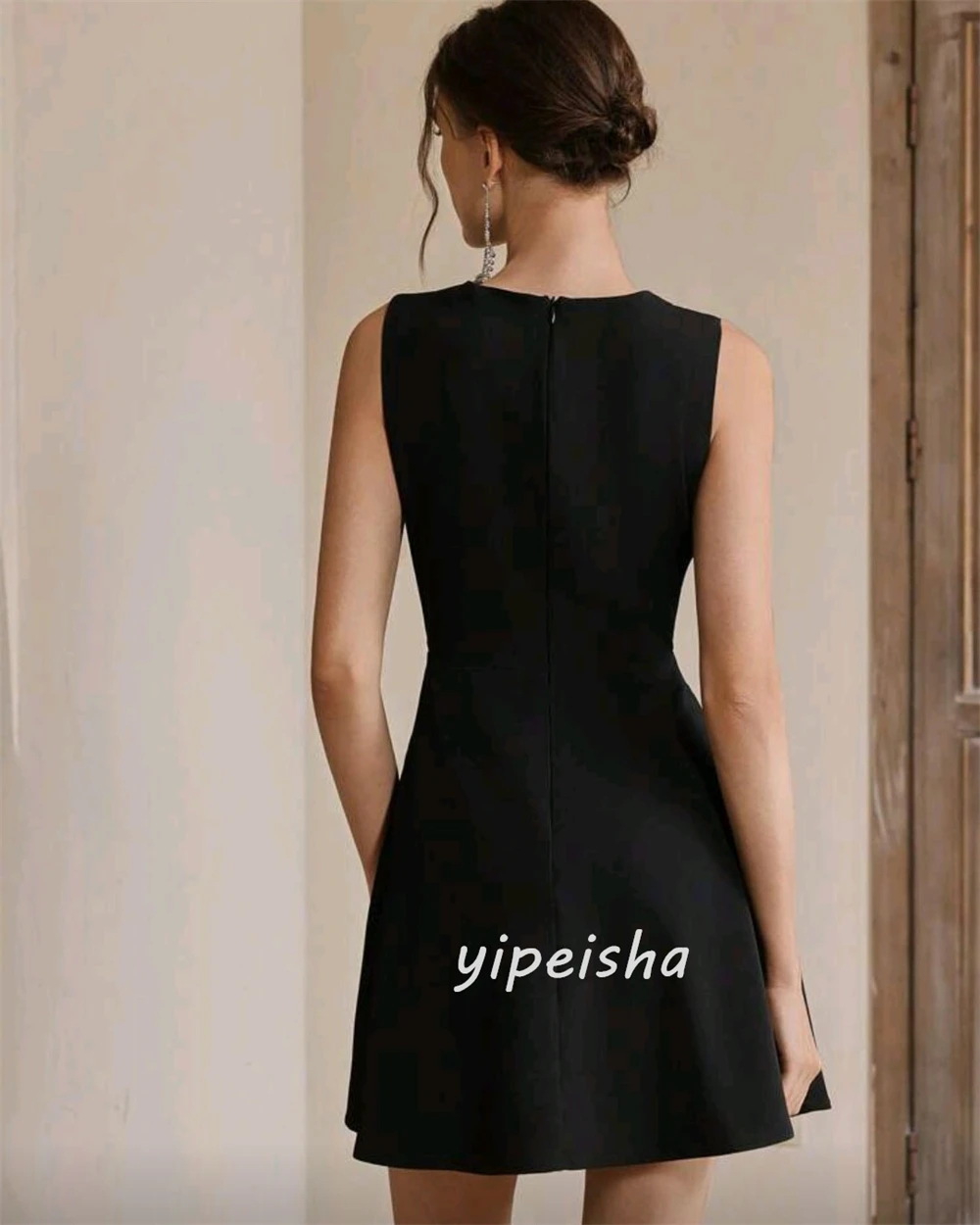 تخصيص الطراز الحديث الكلاسيكي جيرسي الديكور اليدوية زهرة ألف خط مغرفة الرقبة طول الركبة فساتين فساتين السهرة مطابقة #3