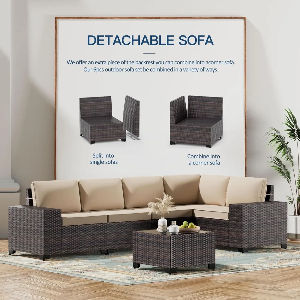 6 buah Set furnitur teras luar ruangan PE anyaman rotan Set bagian Sofa teras percakapan, Khaki,sofa untuk taman, luar ruangan