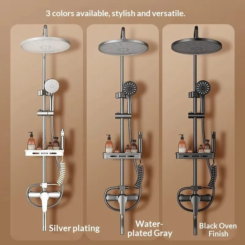 

Modern Home High-Pressure Shower System with Independent Boosting Valve, Multi-Mode Spray Head and Built-In Storage Shelf