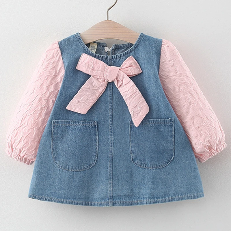 New In Spring Autumn Toddler Girl Clothes Korean Cute Bow Long Sleeve Denim Princess Newborn Baby Dresses Kids Dress BC2410-1