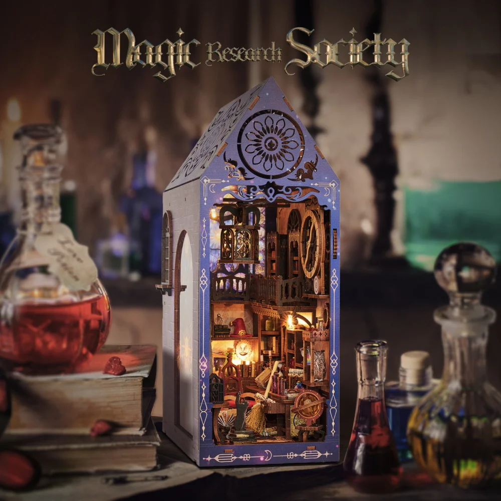 DIY Buch Nook Regal Einsatz Kits Magic Research Society Holz Miniatur Modell Kit handgemachte Buchstütze Licht Bücherregal Freunde Geschenke