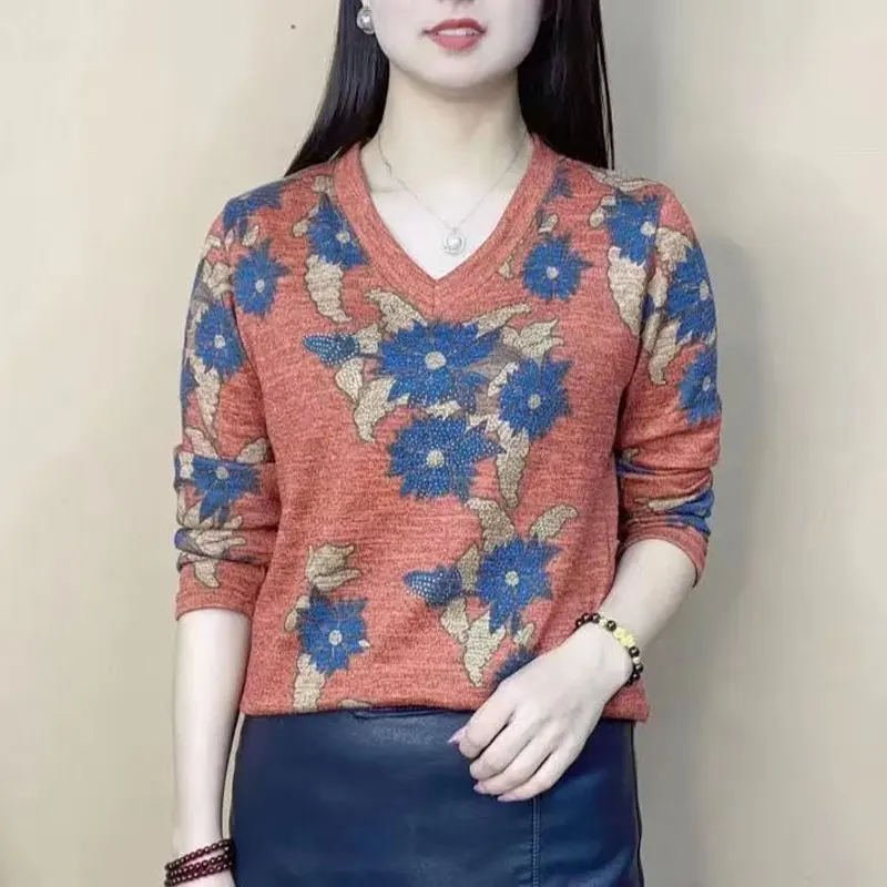 Stylish Floral Printed Pullovers Casual V-Neck Women's Clothing Chic Diamonds Spring Autumn Long Sleeve Vintage Loose T-shirt