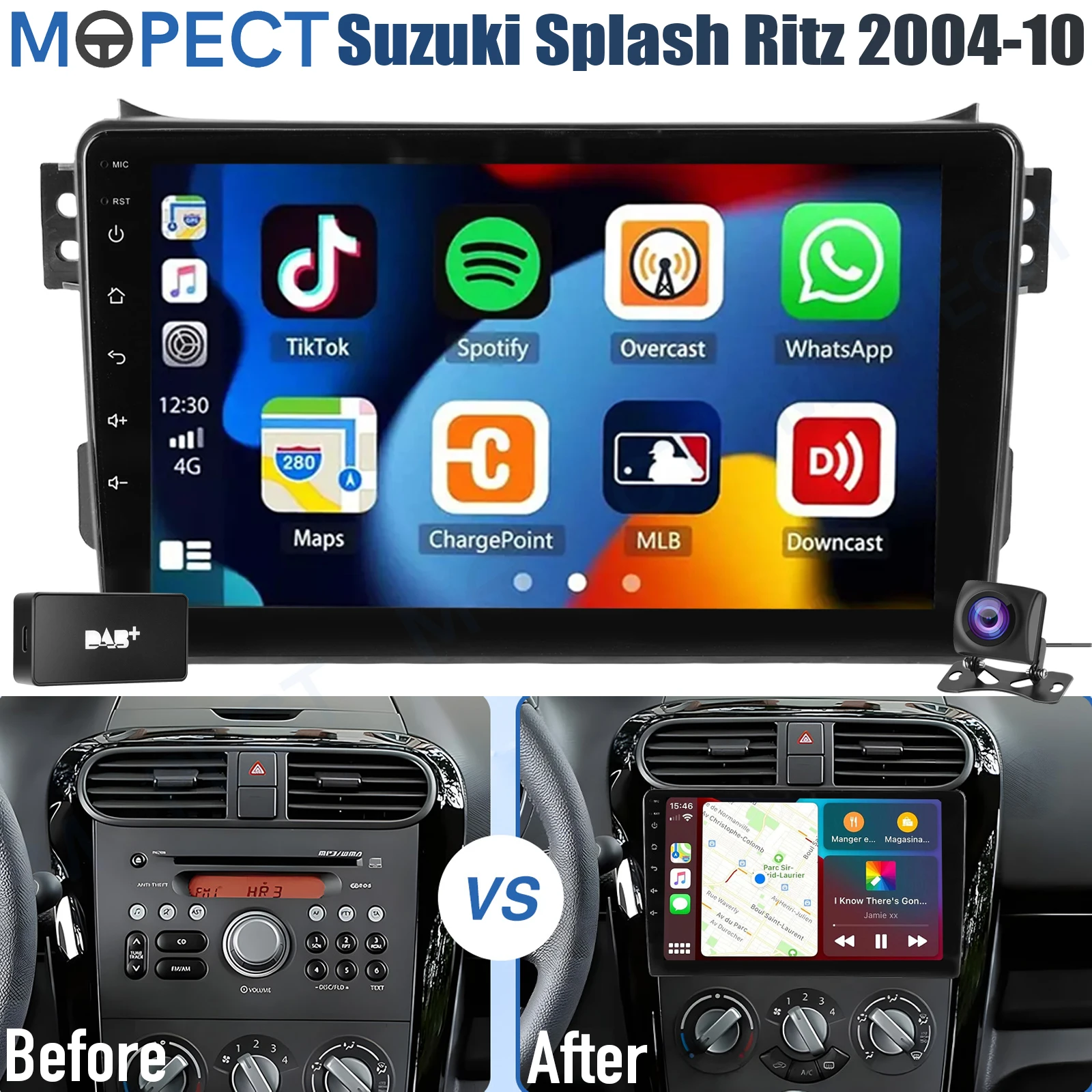 MOPECT 9" autoradio Android 15 voor Suzuki Splash Ritz 2004-2010 4+64G AM/FM WiFi CarPlay GPS navigatie head unit BT+DVR&camera