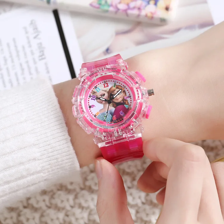 Disney Frozen Children Watches with Bracelet Anime Princess Elsa Girls Colorful Night Light Watch Bracelet Kids Toys Gifts