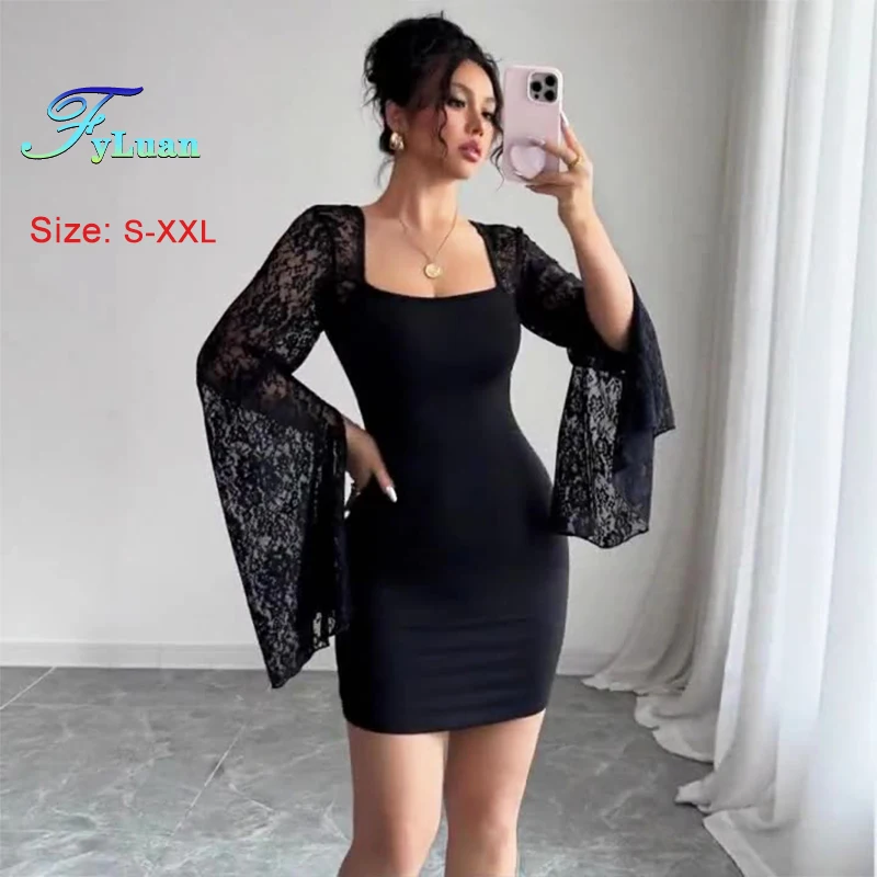 

Новое женское платье в европейском стиле, модное однотонное кружевное платье с разрезом на бедрах, мини-платье с расклешенными рукавами и квадратным воротником