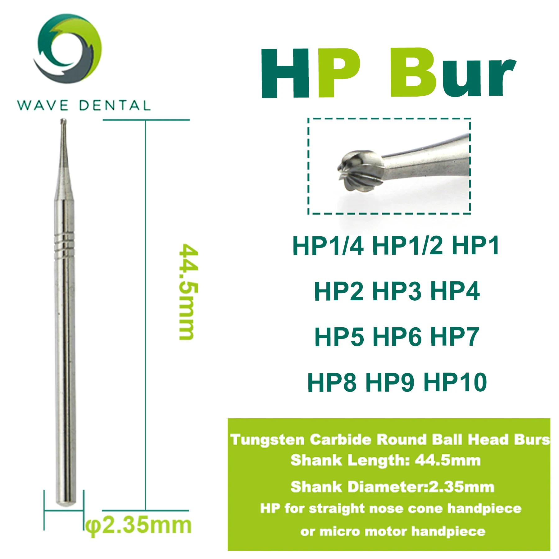 WAVE Dental Burs Dentistry Round Tungsten Carbide Bur For Straight Nose Cone Low Speed Handpiece HP 2.35mm 5Pcs/Pack