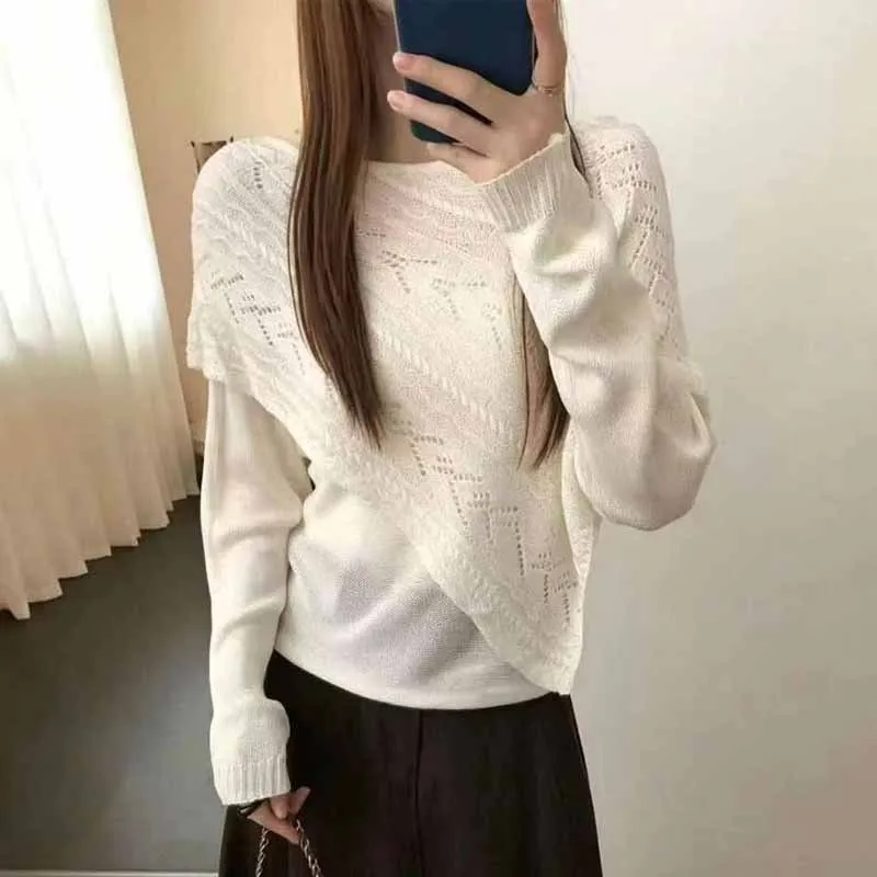 Neuer einzigartiger Strickpullover mit Slash-Ausschnitt für Damen, einfarbiger Langarm-Strickpullover, Damenoberteile, Sueters De Mujer Q7093