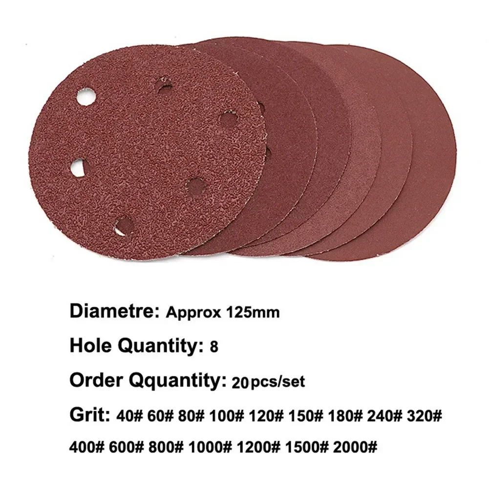 20pcs 5Inch 125mm Round Sandpaper 8 Hole Sanding Discs Hook And Loop Grit 40-2000 Orbital Sander Pad For Polishing Wood Metal