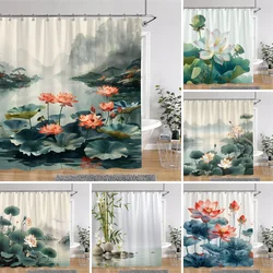 Lotus Flowers Shower Curtain Green Leaves Plant White Floral Chinese Style Home wall hanging Bathroom Curtains Decor with Hooks