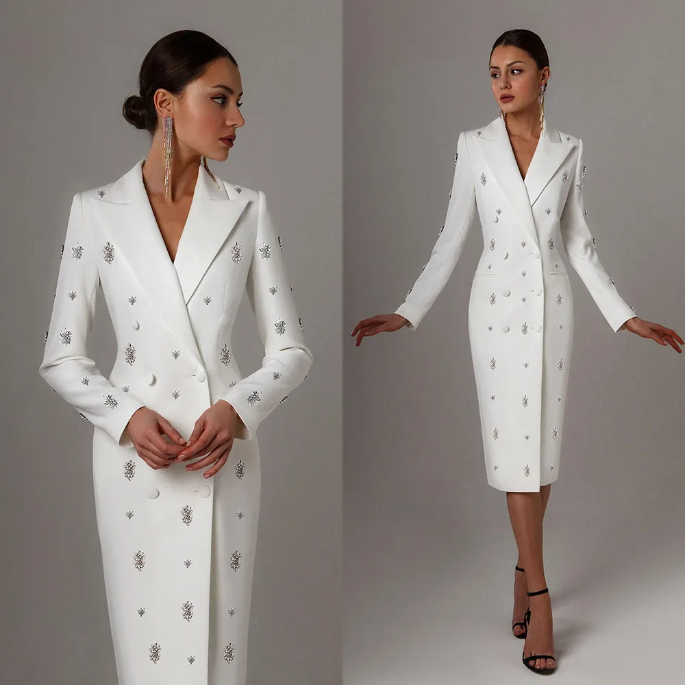 

White Satin Long Jacket Suits Crystal Beading Slim Fit Prom Evening Guest Formal Wear Custom Made