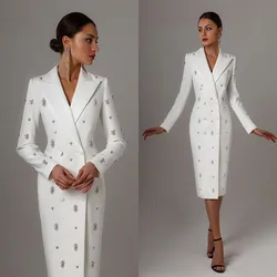 Customized White Satin Long Jacket Suits Crystal Beading Slim Fit Prom Evening Guest Formal Wear Custom Made