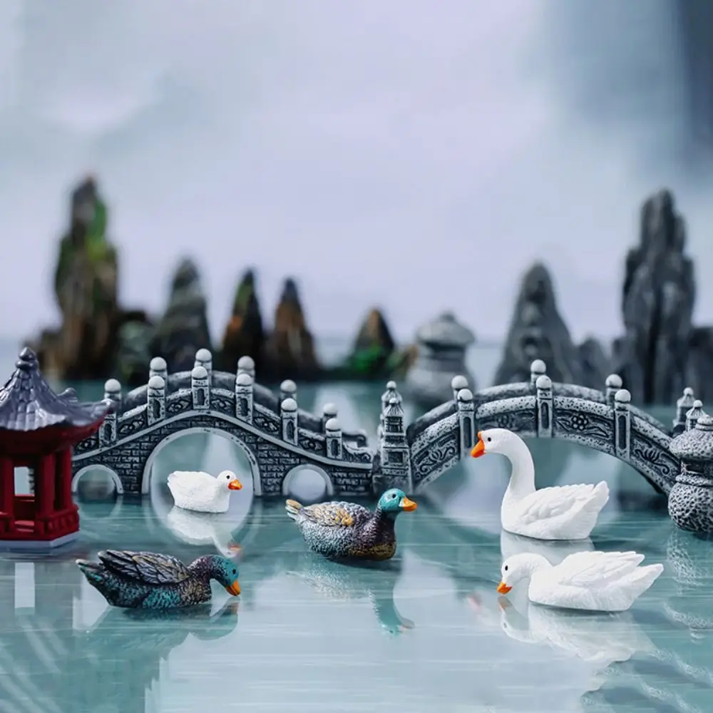Decorative Rockery Pavilion Bridge LIfelike Resin White Duck Statue Simulation Bridge Sand Stones Figurine Fairy Garden