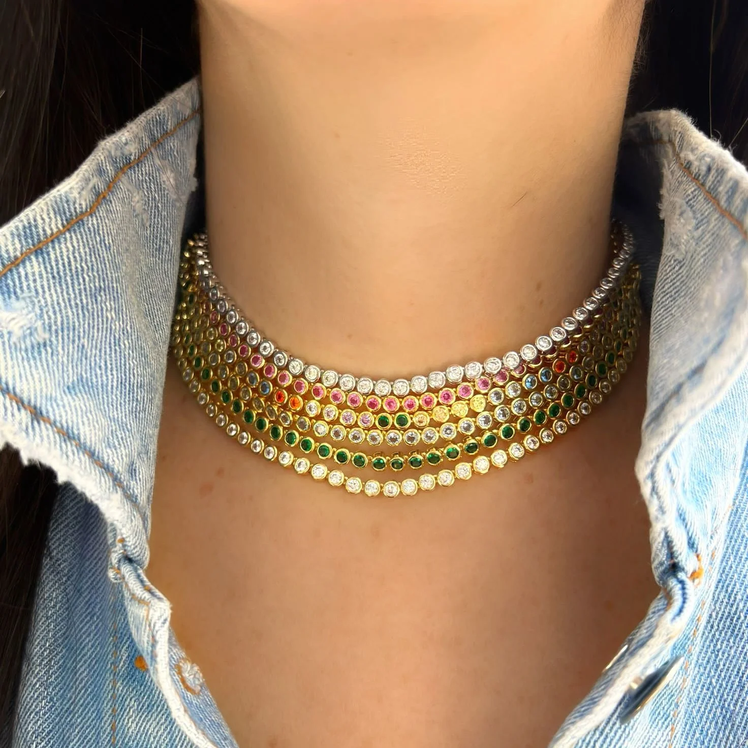 3MM Round Bezel Setted CZ Tennis Chain Geometric Choker Necklace For Women Iced Out Luxury Jewelry