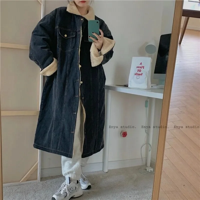 2023 Winter Lamb Wool Denim Coat Women\'s Mid length Korean Version Loose Fashion Commuter Show Thin Thickened Warm Cotton Coat