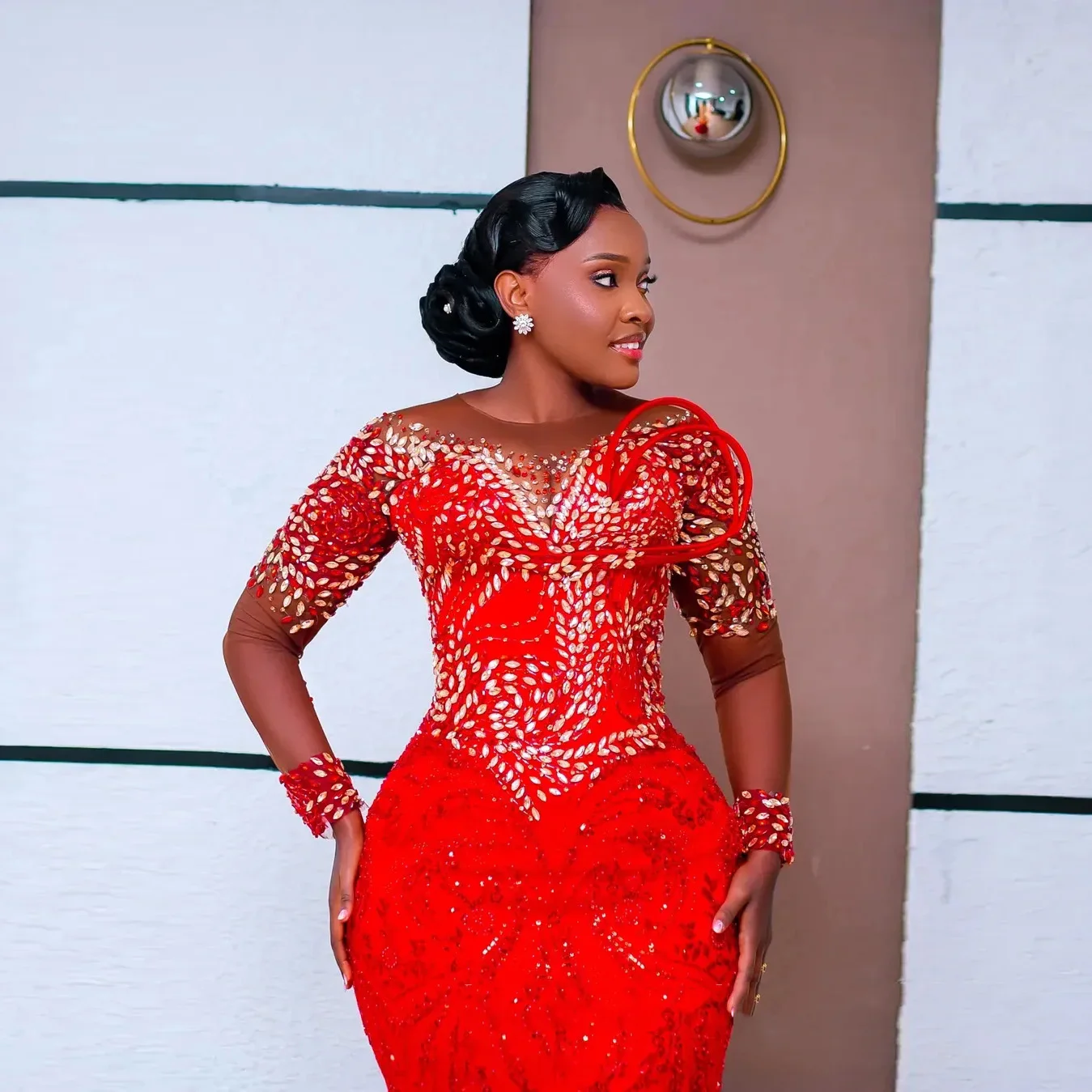 Red Sheer Neck Beaded Mermaid Evening Gowns Aso Ebi Prom Dress For Special Occasions Sequin Long Sleeve Illusion Formal Dresses