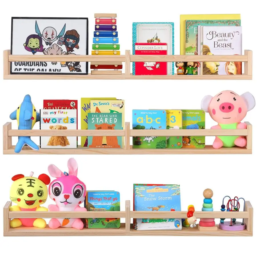 

Книжные полки для настенного набора из 3 настенных книжных полок из натурального дерева для детской комнаты, 32 дюйма, набор из 3 шт.