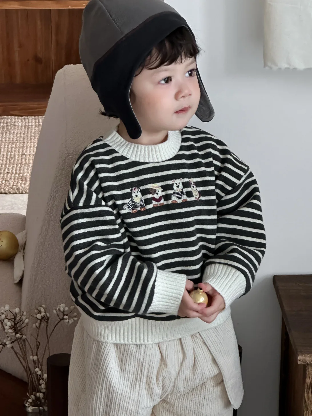 

Новинка зимы 2025 года, детский повседневный полосатый свитшот для мальчиков и девочек, толстые теплые флисовые топы, детский свитшот с длинными рукавами и героями мультфильмов