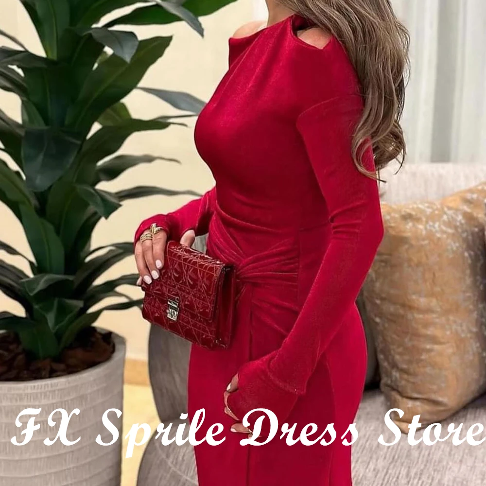 CustomizedSolid Color Velvet Modern Side Slit Off the Shoulder Evening Dresses  Long Sleeves Boat Neck Ankle Length Straight Sau