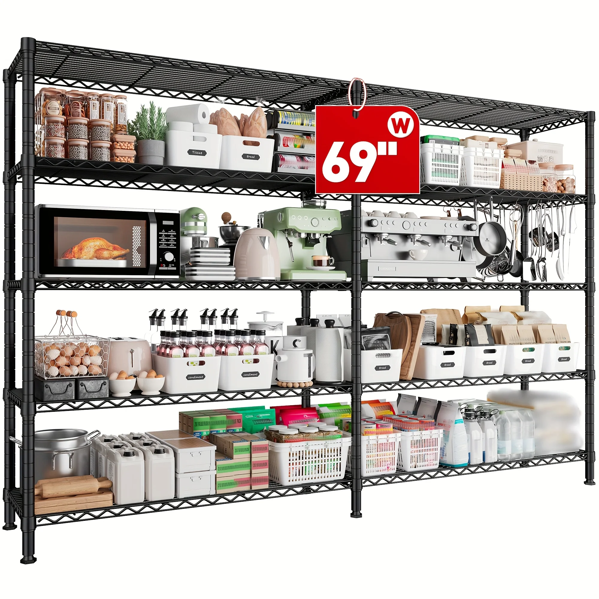 

69" W Storage Shelves Load 1600LB Wire Shelving Unit 5 Tier Metal Shelving for Storage Rack Shelves Adjustable Heavy Duty Garage