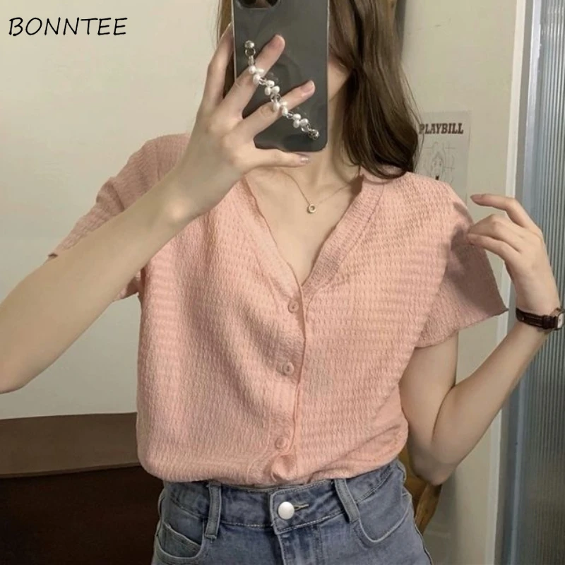 Short-sleeved Women Shirt V-neck Gentle Stylish Folds Solid Korean Fashion Daily Sweet Spicy Girls All-match Summer Popular Y2k