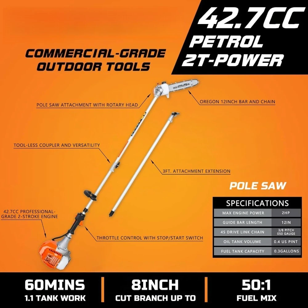 

Бензопила для обрезки деревьев с регулируемой штангой, 90-180 градусов, 42.7 куб. см, беспроводная, с 12-дюймовой шиной и 38-дюймовым лезвием, для библиотечной мебели