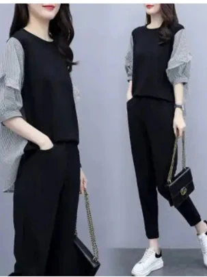 

Summer 2025 plus Size Fashion Slimming Women's Casual Sportswear Set Striped Seven-Quarter Sleeve Top And Bottoms Ensemble
