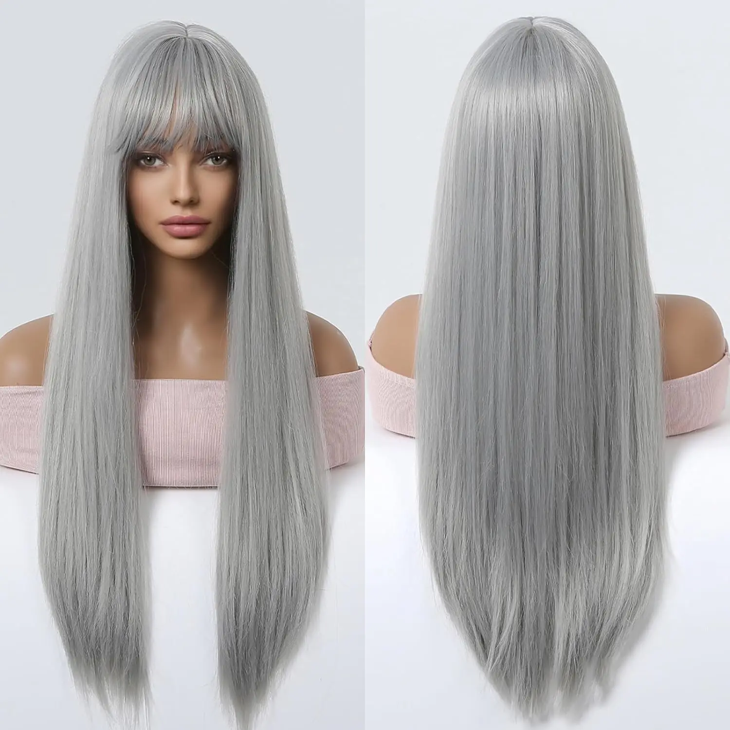 Peluca sintética plateada y blanca, flequillo recto naturalmente largo en la parte media de las mujeres, tocado resistente al calor para uso diario en fiestas