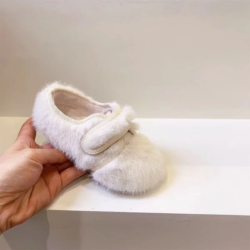 Fashion Baby Girl Boy Faux Fur Fluffy Shoes Child Flat Shoes Winter Soft Bottom Hook Loop Band Warm Casual Shoe Chaussure Enfant