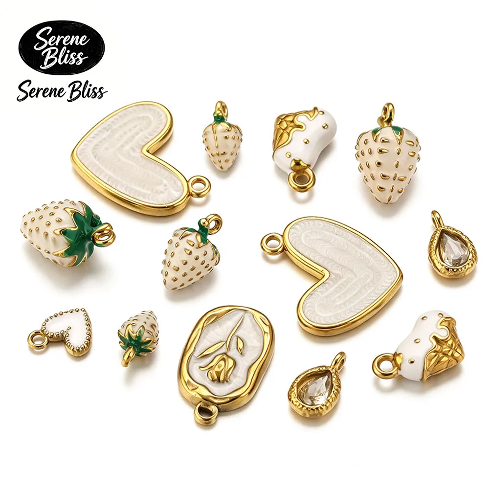 

2/4/5pcs White Enamel Stainless Steel Charm Strawberry Tulip Heart Cross Gold Plated DIY Creamy Necklace Bracelet Jewelry Making