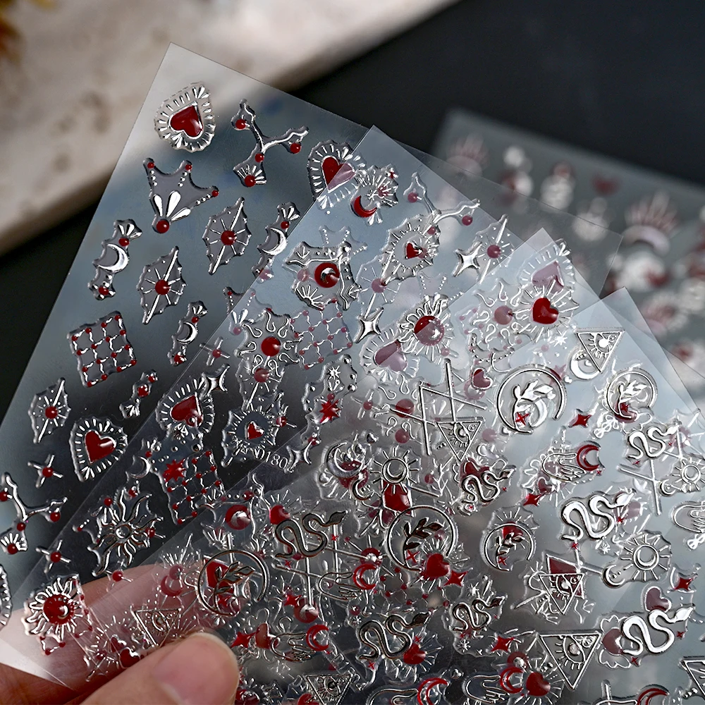 6Pcs Red Heart Rhinestone Gems Nail Stickers 3D Bronzing Gold Sun Moon Starlight Metallic Slider Decals Adhesive Jewels Stickers