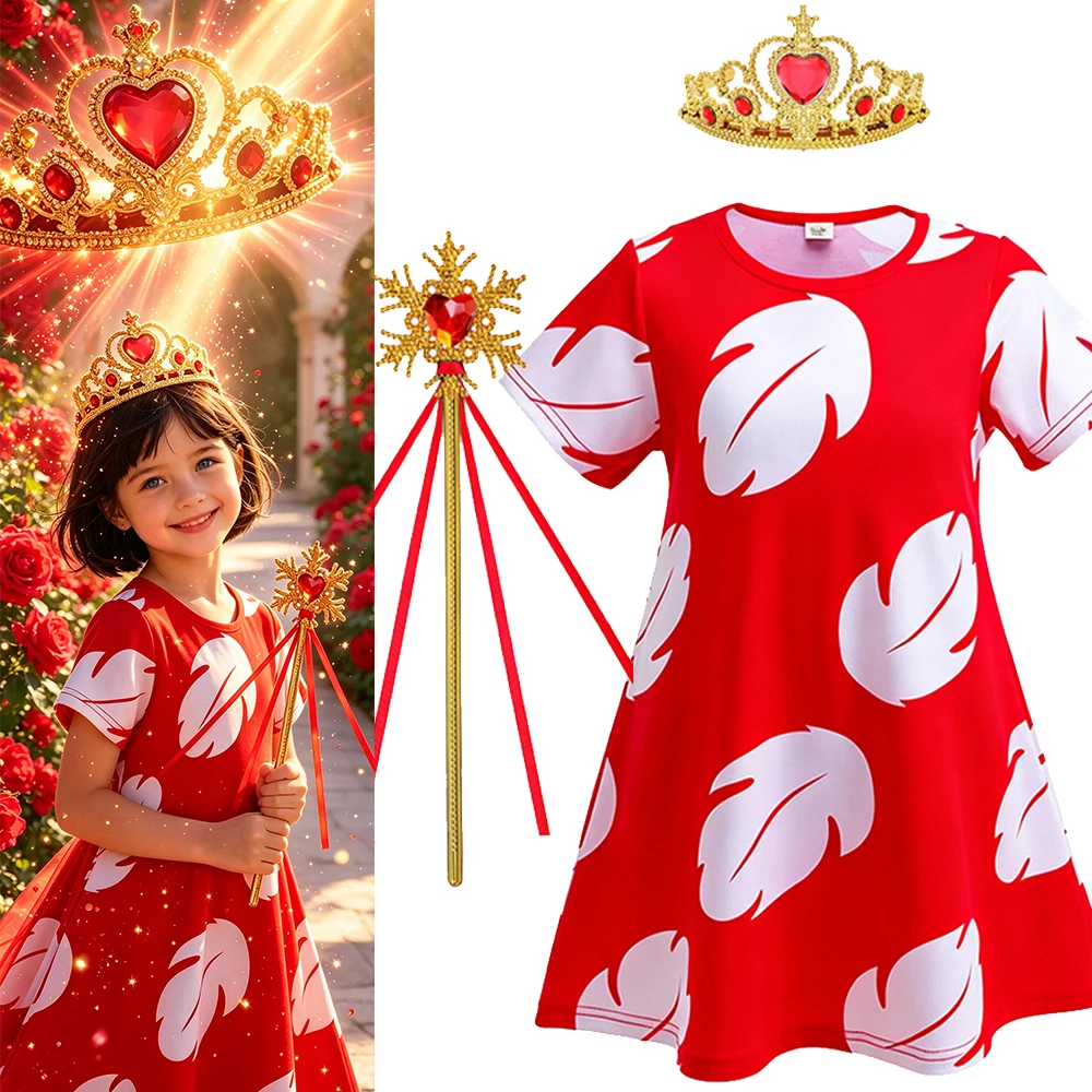 Red Dress with Feathers Mini ook Week Costume Kids Hawaiian Tropical Clothes Summer Dresses Children Halloween Costumes